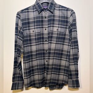 Ralph Lauren Purple label - Suede-Trimmed Checked Cotton-Flannel Shirt - Blue